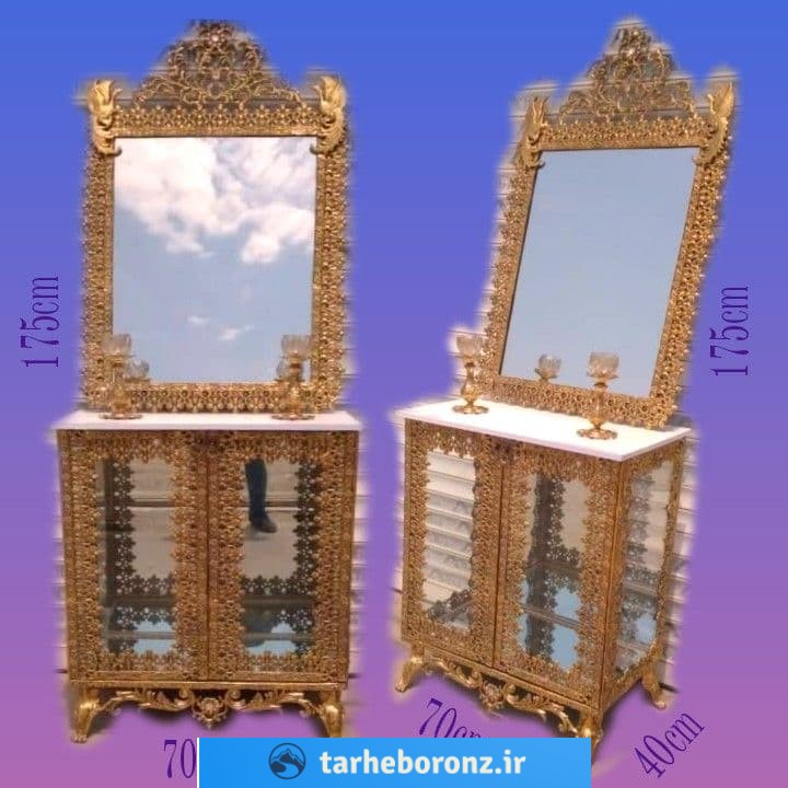 آینه کنسول ویترین دار بوفه دار طرح برنز آلیاژ آلومینیومی گل نیلوفری